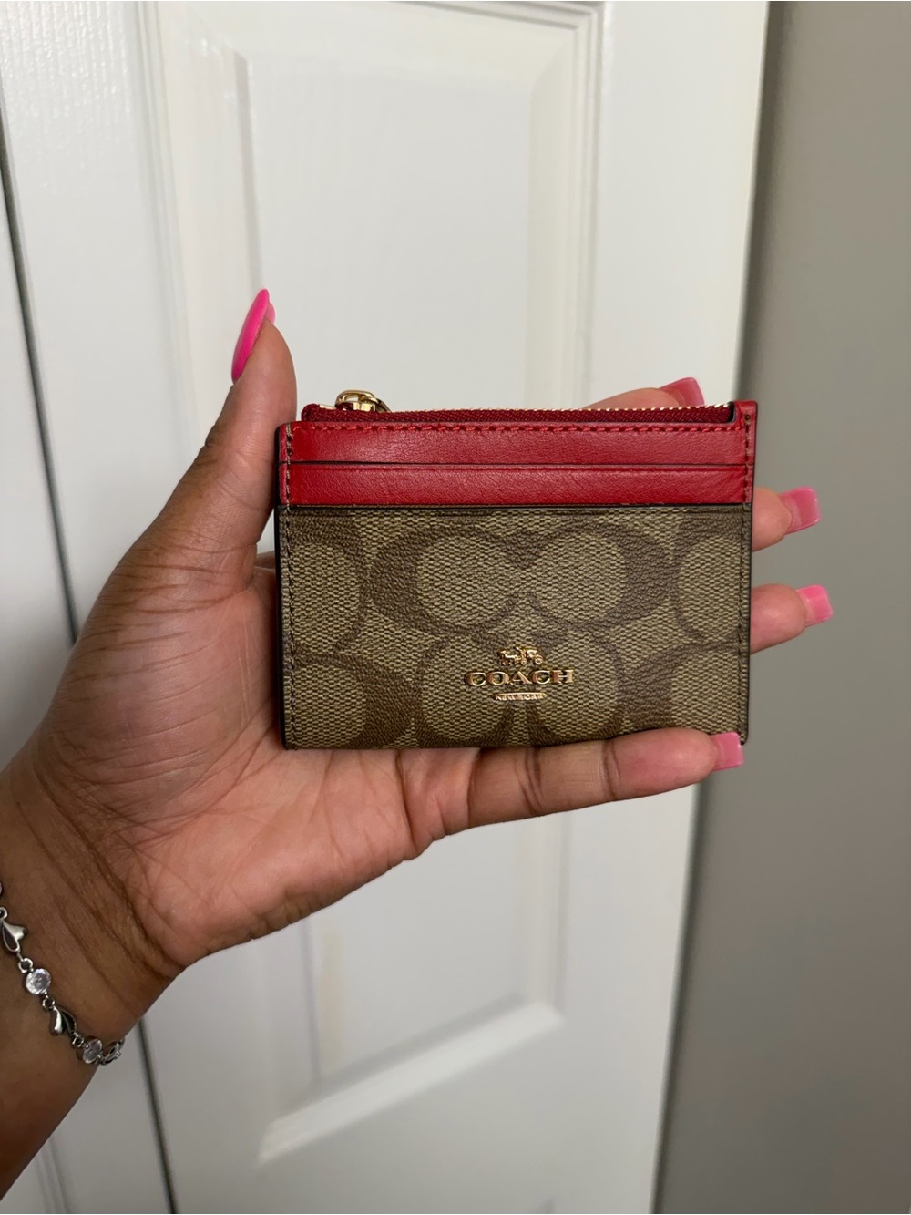 Coach Brown Signature Canvas Card Holder with Red Trim